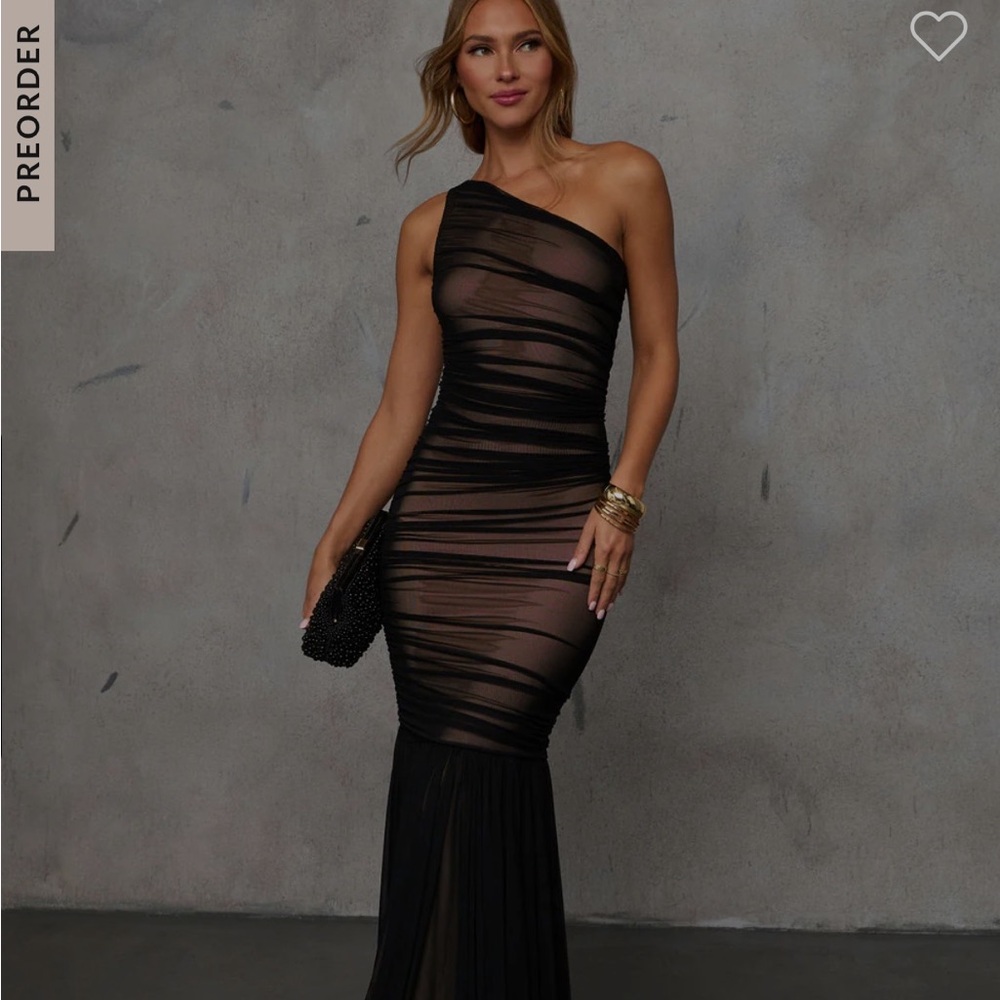 Vici Black One-Shoulder Sheer Ruched Mermaid Gown